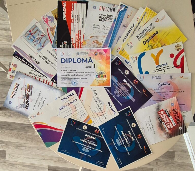 Colecția de peste 20 de diplome obținute de Ionescu Andra în competiții naționale și internaționale