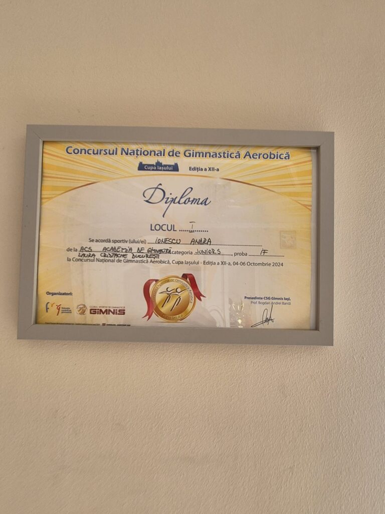 Ionescu Andra, diplomă pentru locul I la Concursul Național de Gimnastică Aerobica Cupa Iașului 2024
